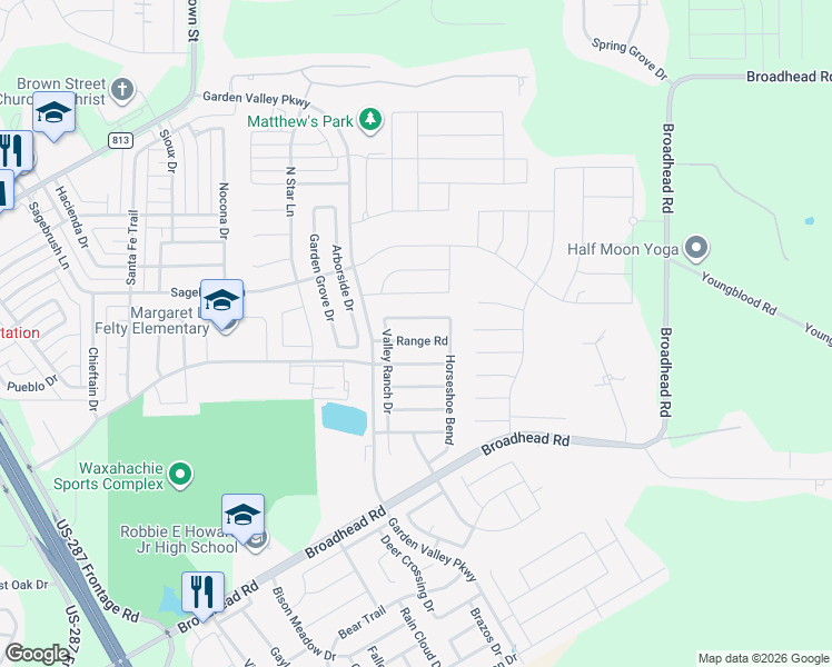 map of restaurants, bars, coffee shops, grocery stores, and more near 216 Ghost Rider Road in Waxahachie