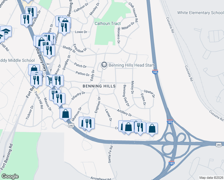 map of restaurants, bars, coffee shops, grocery stores, and more near 85 Lafayette Drive in Columbus