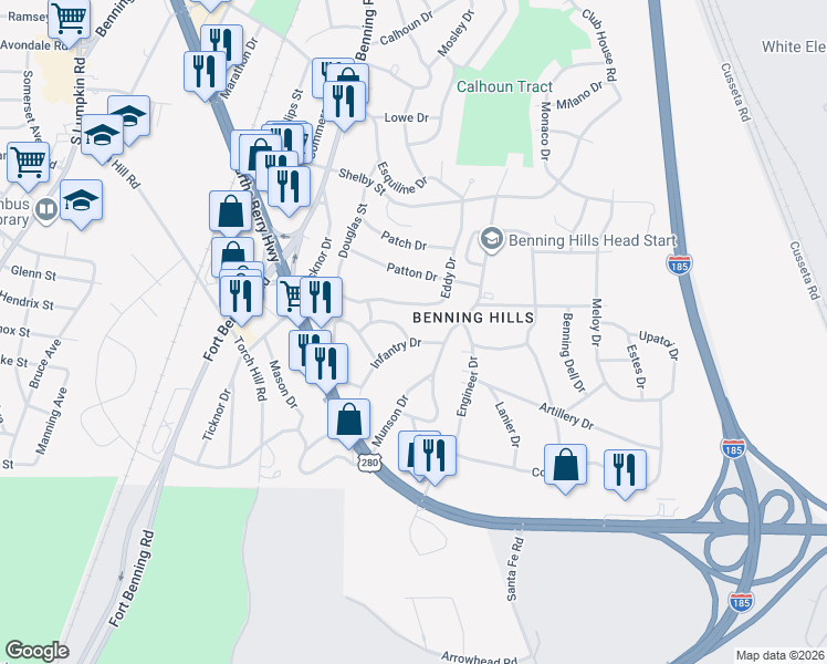 map of restaurants, bars, coffee shops, grocery stores, and more near 16 Stuart Drive in Columbus