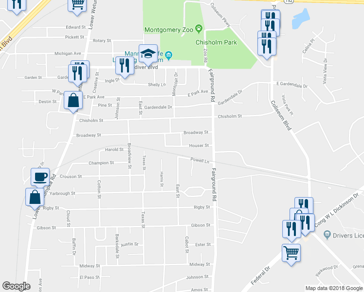 map of restaurants, bars, coffee shops, grocery stores, and more near 14 Houser Street in Montgomery