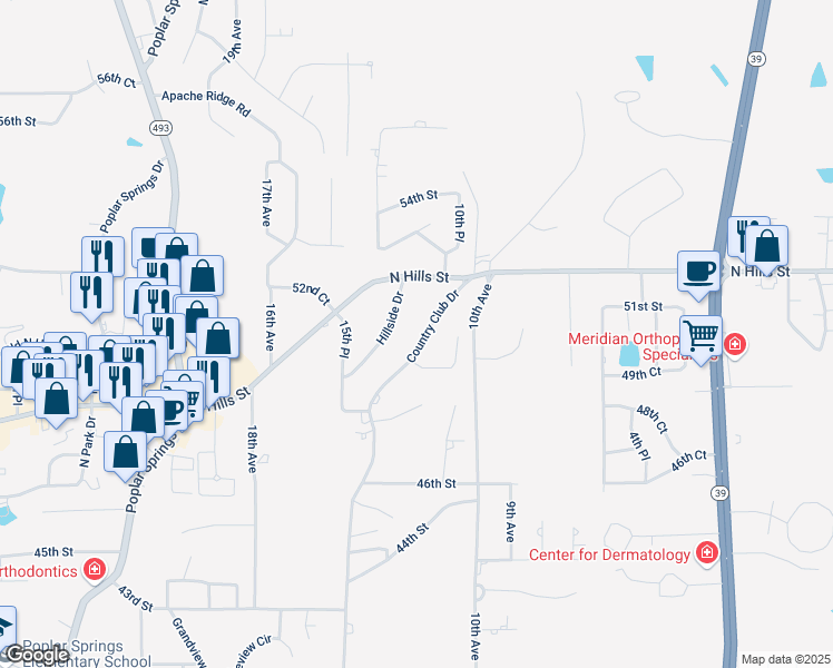 map of restaurants, bars, coffee shops, grocery stores, and more near 5013 Country Club Drive in Meridian