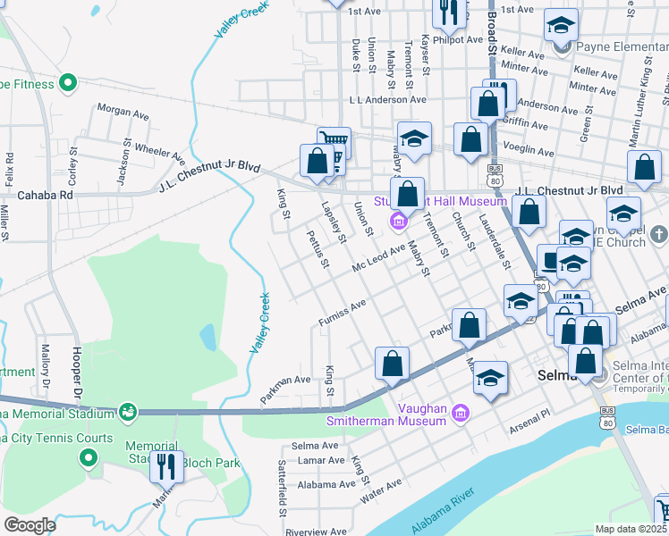 map of restaurants, bars, coffee shops, grocery stores, and more near 711 Lapsley Street in Selma