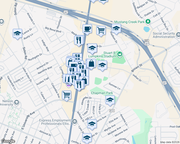 map of restaurants, bars, coffee shops, grocery stores, and more near 800 North Highway 77 in Waxahachie