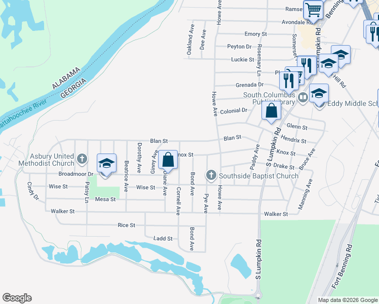map of restaurants, bars, coffee shops, grocery stores, and more near 2843 Knox Street in Columbus