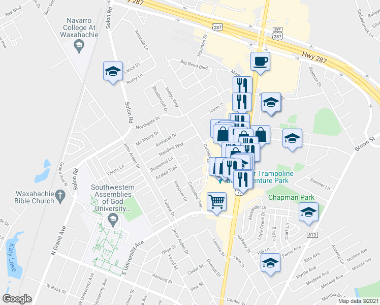map of restaurants, bars, coffee shops, grocery stores, and more near 820 Azalea Trail in Waxahachie