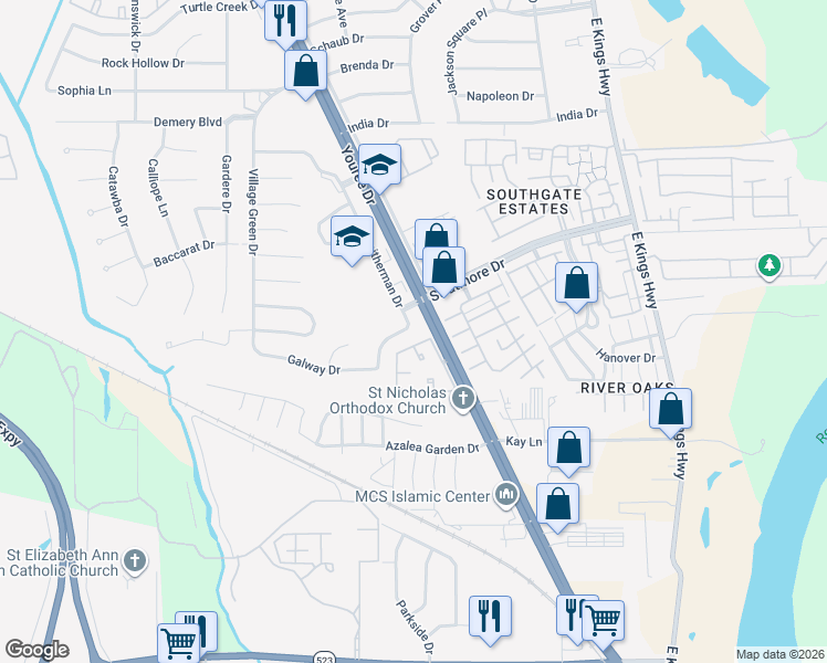 map of restaurants, bars, coffee shops, grocery stores, and more near 9020 Youree Drive in Shreveport