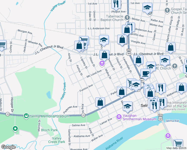 map of restaurants, bars, coffee shops, grocery stores, and more near 514 Mc Leod Avenue in Selma