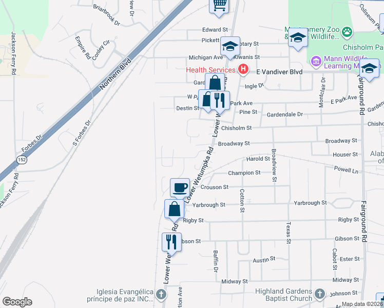 map of restaurants, bars, coffee shops, grocery stores, and more near 174-268 Amanda Lane in Montgomery