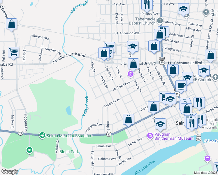 map of restaurants, bars, coffee shops, grocery stores, and more near 710 Pettus Street in Selma