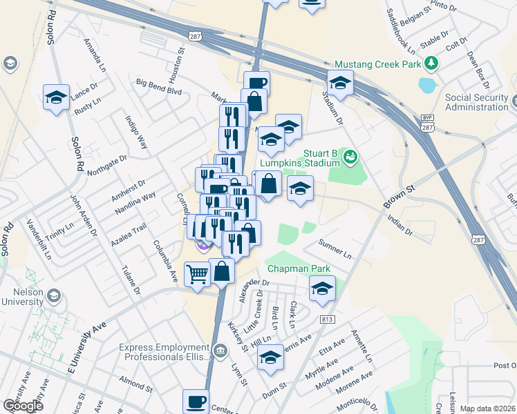 map of restaurants, bars, coffee shops, grocery stores, and more near 800 North Highway 77 in Waxahachie
