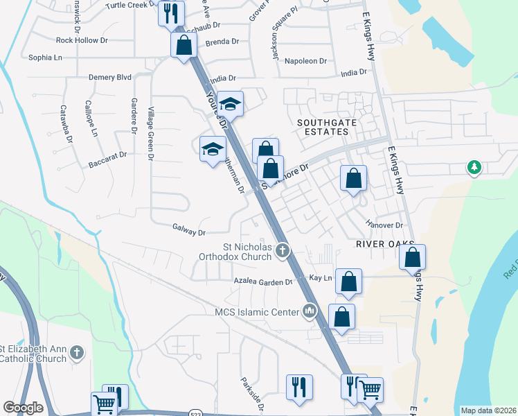 map of restaurants, bars, coffee shops, grocery stores, and more near 9020 Youree Drive in Shreveport