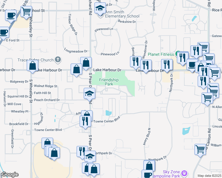 map of restaurants, bars, coffee shops, grocery stores, and more near 580 South Pear Orchard Road in Ridgeland