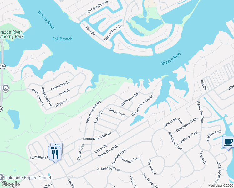 map of restaurants, bars, coffee shops, grocery stores, and more near 1127 Apache Ridge Road in Granbury