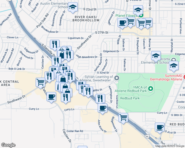 map of restaurants, bars, coffee shops, grocery stores, and more near 10 Lawrence Cir in Abilene