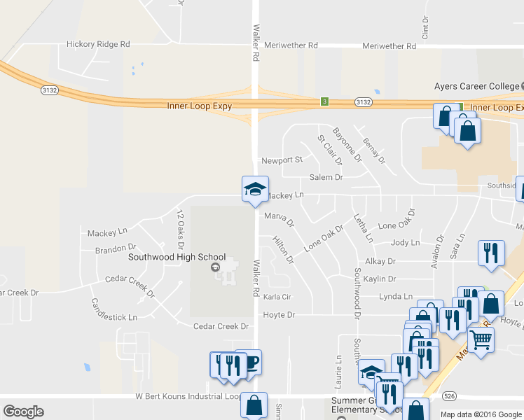map of restaurants, bars, coffee shops, grocery stores, and more near 8927 Marva Drive in Shreveport