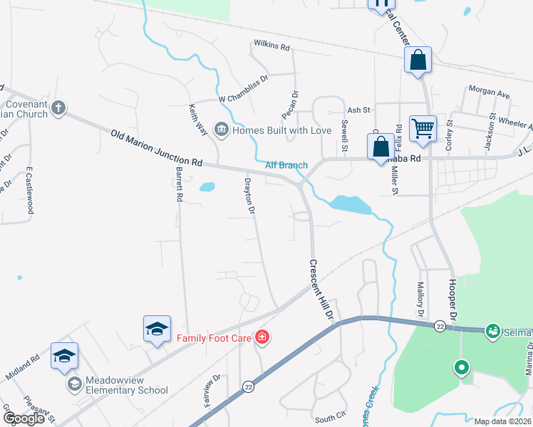 map of restaurants, bars, coffee shops, grocery stores, and more near 412 Drayton Drive in Selma
