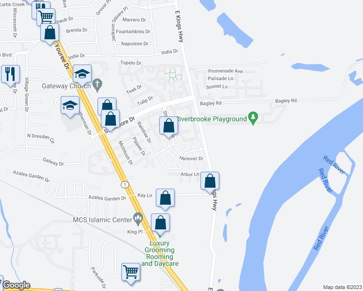 map of restaurants, bars, coffee shops, grocery stores, and more near 10104 Lomita Drive in Shreveport
