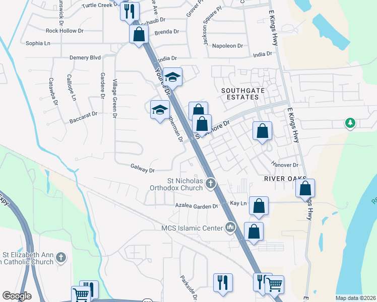 map of restaurants, bars, coffee shops, grocery stores, and more near 9020 Youree Drive in Shreveport
