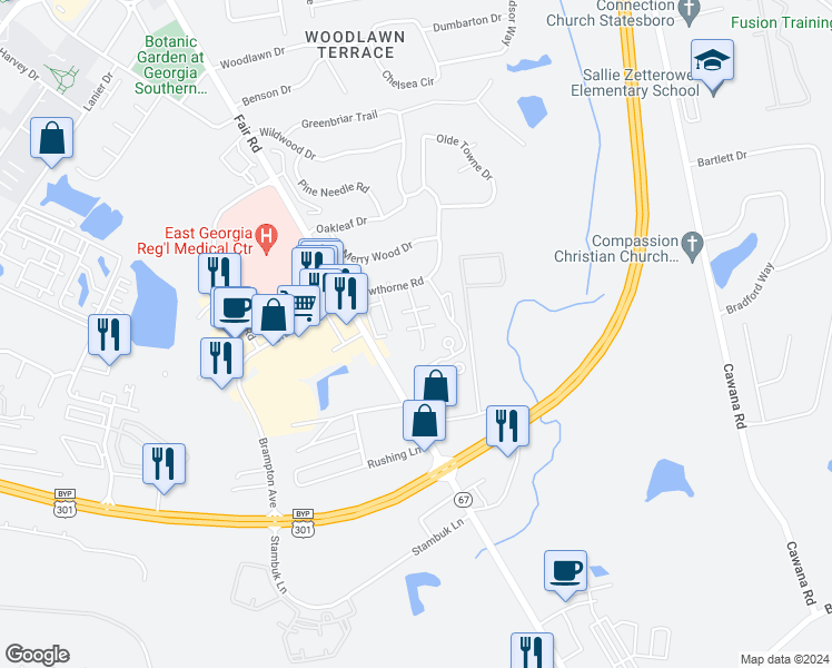 map of restaurants, bars, coffee shops, grocery stores, and more near 21 Somerset in Statesboro