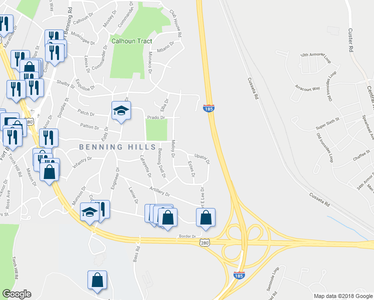 map of restaurants, bars, coffee shops, grocery stores, and more near 28 Upatoi Drive in Columbus