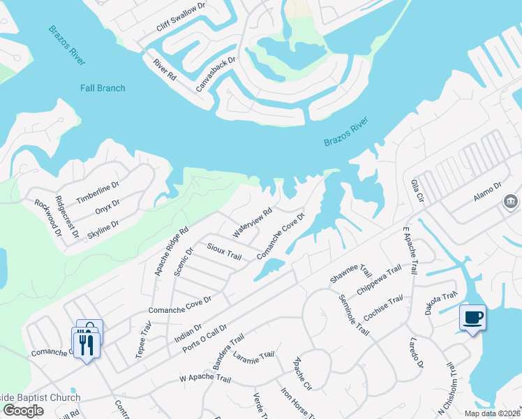 map of restaurants, bars, coffee shops, grocery stores, and more near 1222 Waterview Road in Granbury