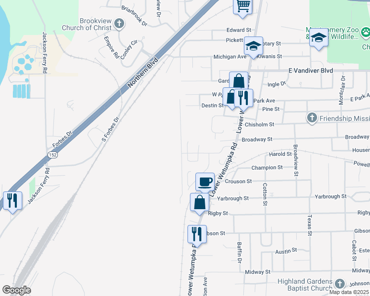 map of restaurants, bars, coffee shops, grocery stores, and more near 3605 Erwin Drive in Montgomery