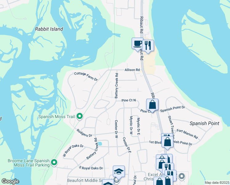 map of restaurants, bars, coffee shops, grocery stores, and more near 402 Battery Creek Road in Beaufort