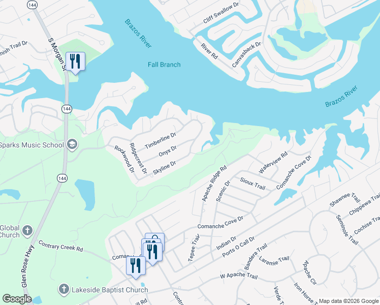 map of restaurants, bars, coffee shops, grocery stores, and more near 500 Rock Harbor Court in Granbury