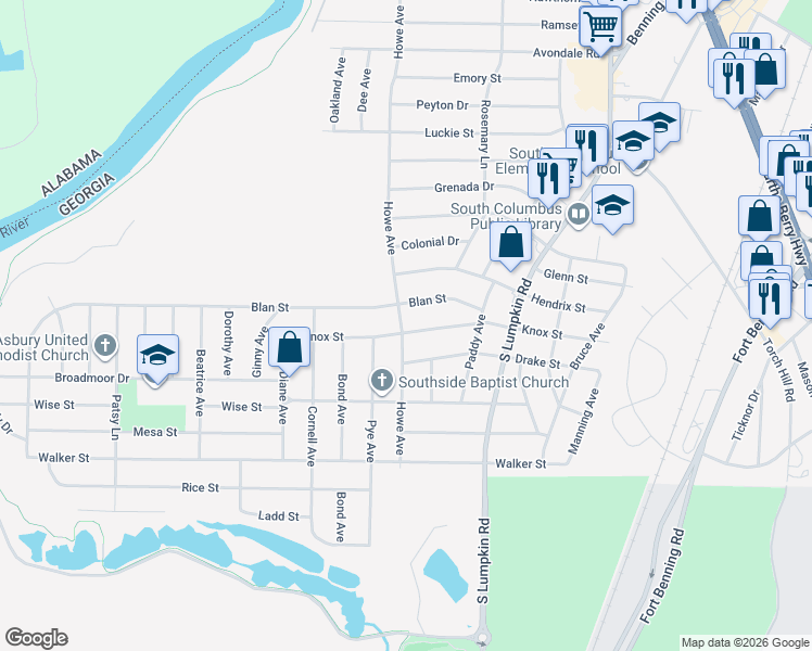 map of restaurants, bars, coffee shops, grocery stores, and more near 3003 Knox Street in Columbus