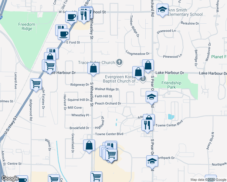 map of restaurants, bars, coffee shops, grocery stores, and more near 229 Walnut Ridge Street in Ridgeland