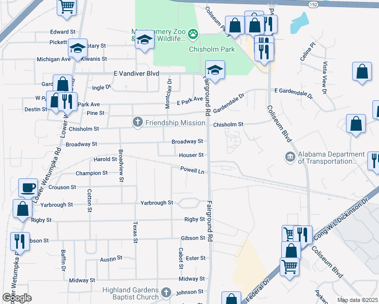 map of restaurants, bars, coffee shops, grocery stores, and more near 9 Houser Street in Montgomery
