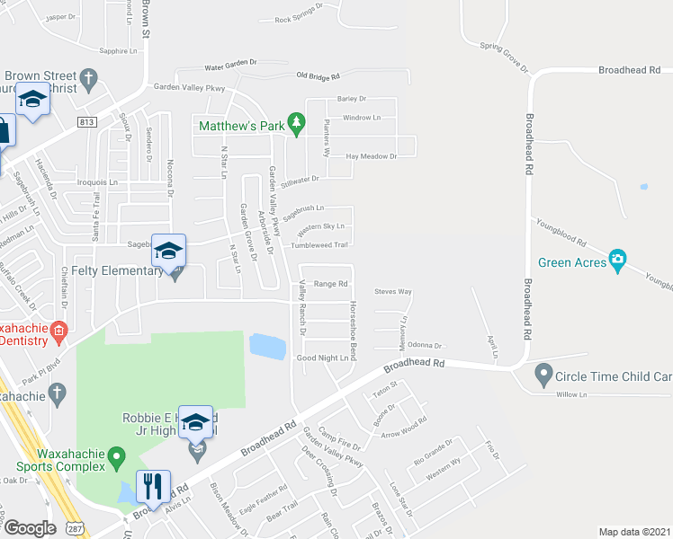 map of restaurants, bars, coffee shops, grocery stores, and more near 216 Ghost Rider Road in Waxahachie