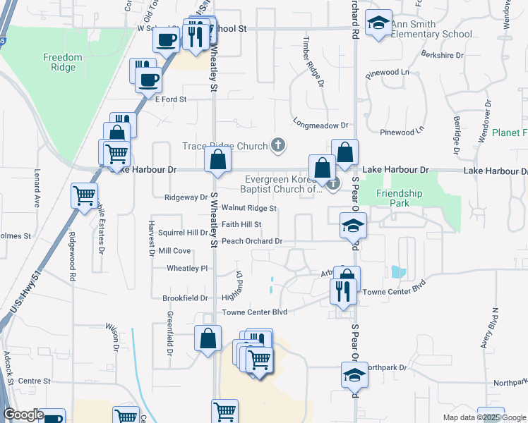 map of restaurants, bars, coffee shops, grocery stores, and more near 229 Walnut Ridge Street in Ridgeland