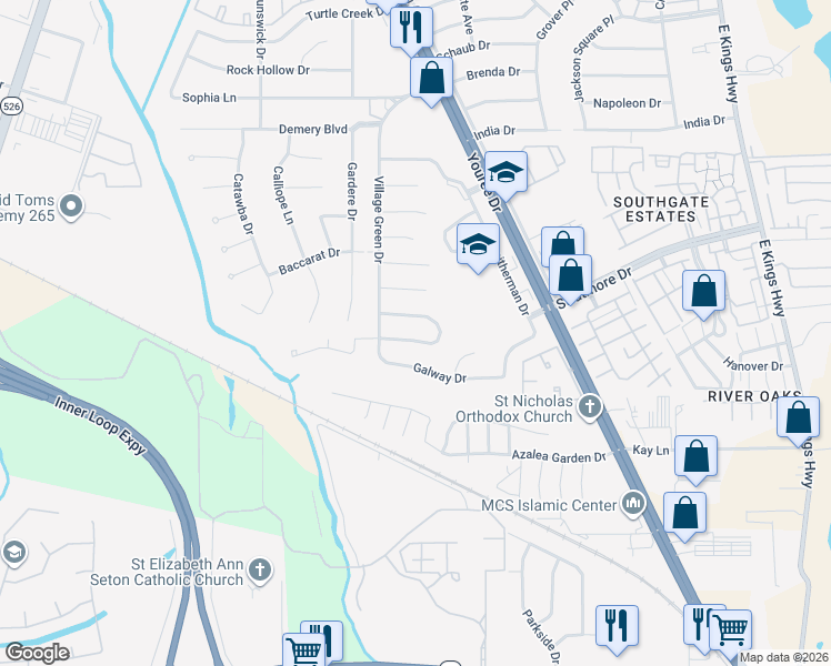 map of restaurants, bars, coffee shops, grocery stores, and more near 420 South Dresden Circle in Shreveport
