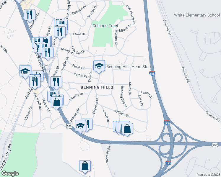 map of restaurants, bars, coffee shops, grocery stores, and more near 85 Lafayette Drive in Columbus