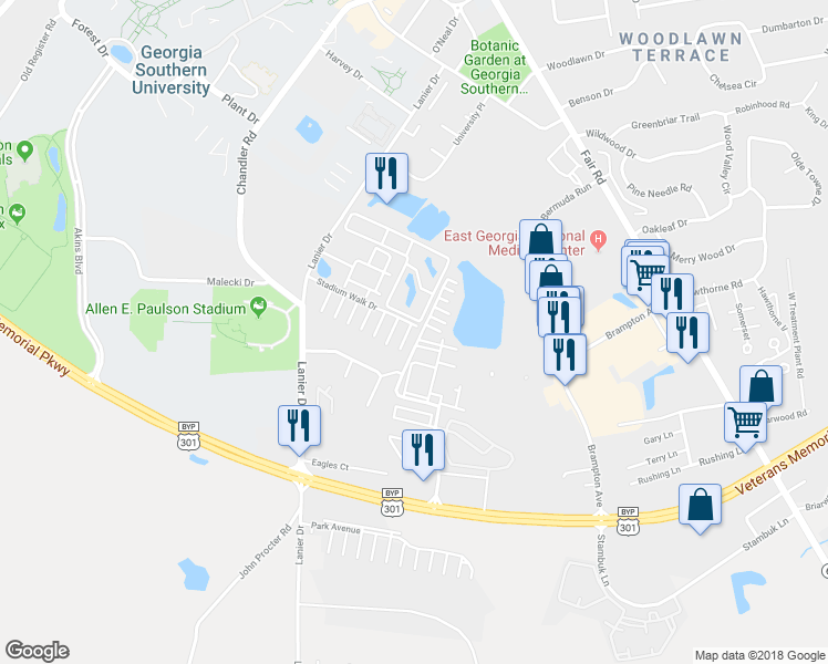 map of restaurants, bars, coffee shops, grocery stores, and more near 200 Stadium Walk Drive in Statesboro