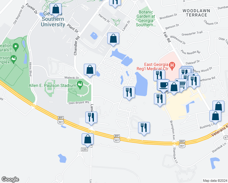 map of restaurants, bars, coffee shops, grocery stores, and more near 134 Stadium Walk Drive in Statesboro
