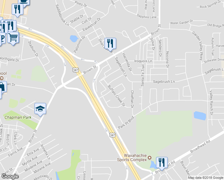 map of restaurants, bars, coffee shops, grocery stores, and more near 199 Indian Trace Lane in Waxahachie