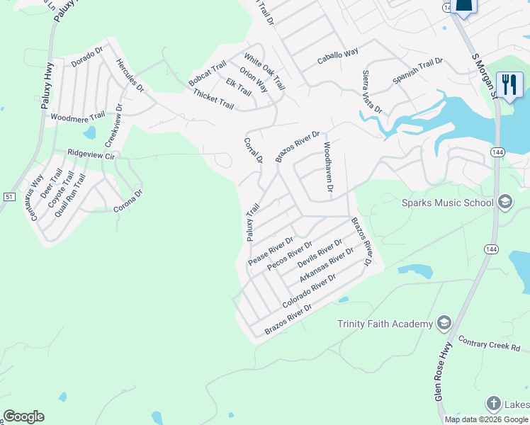 map of restaurants, bars, coffee shops, grocery stores, and more near 914 Nacogdoches River Drive in Granbury