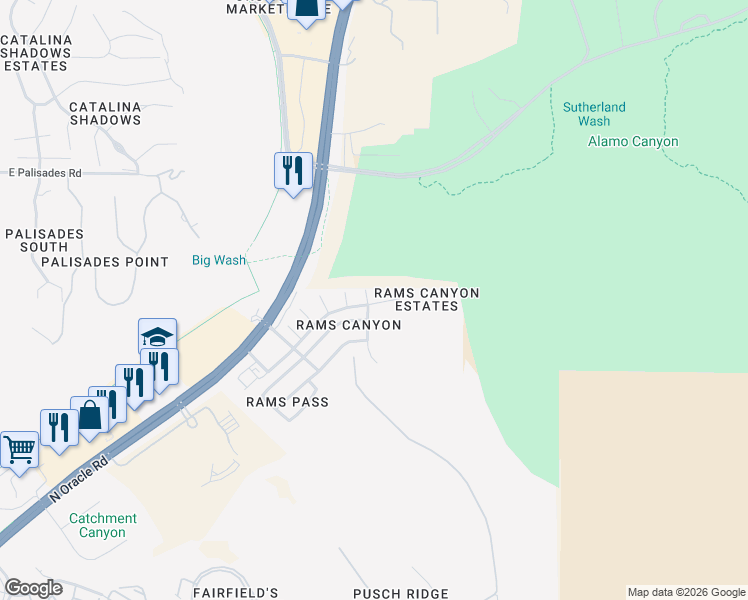 map of restaurants, bars, coffee shops, grocery stores, and more near 11358 North Flat Granite Drive in Tucson