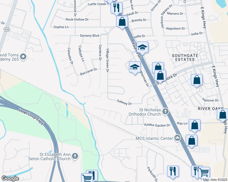 map of restaurants, bars, coffee shops, grocery stores, and more near 412 South Dresden Circle in Shreveport