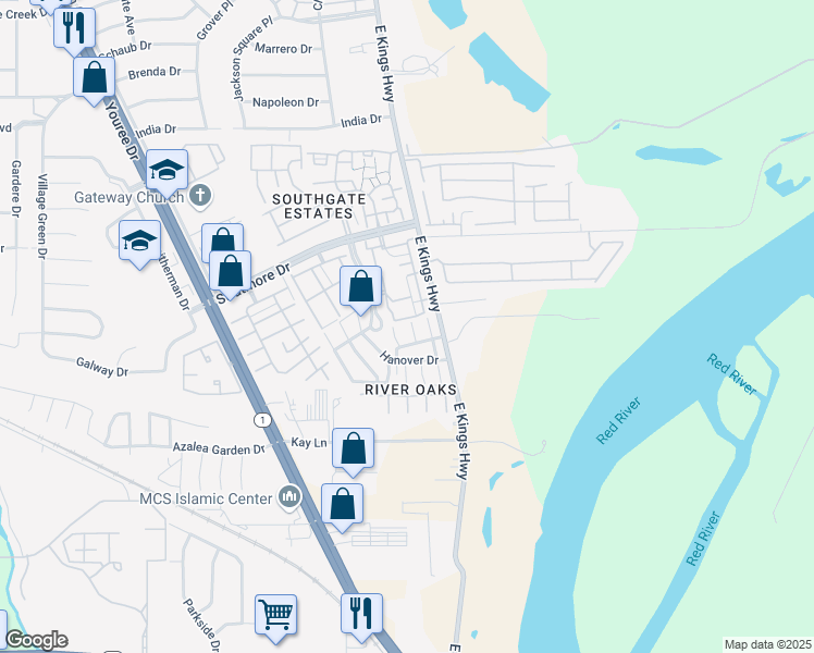 map of restaurants, bars, coffee shops, grocery stores, and more near 10106 Salinas Drive in Shreveport