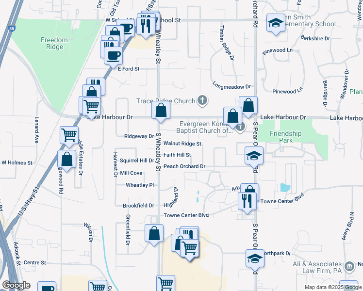 map of restaurants, bars, coffee shops, grocery stores, and more near 221 Walnut Ridge Street in Ridgeland