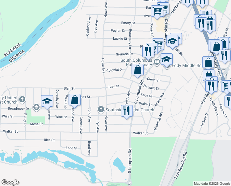 map of restaurants, bars, coffee shops, grocery stores, and more near 3047 Knox Street in Columbus