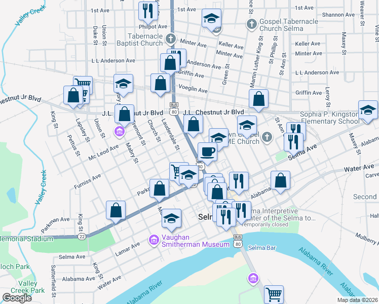 map of restaurants, bars, coffee shops, grocery stores, and more near 437 Broad Street in Selma