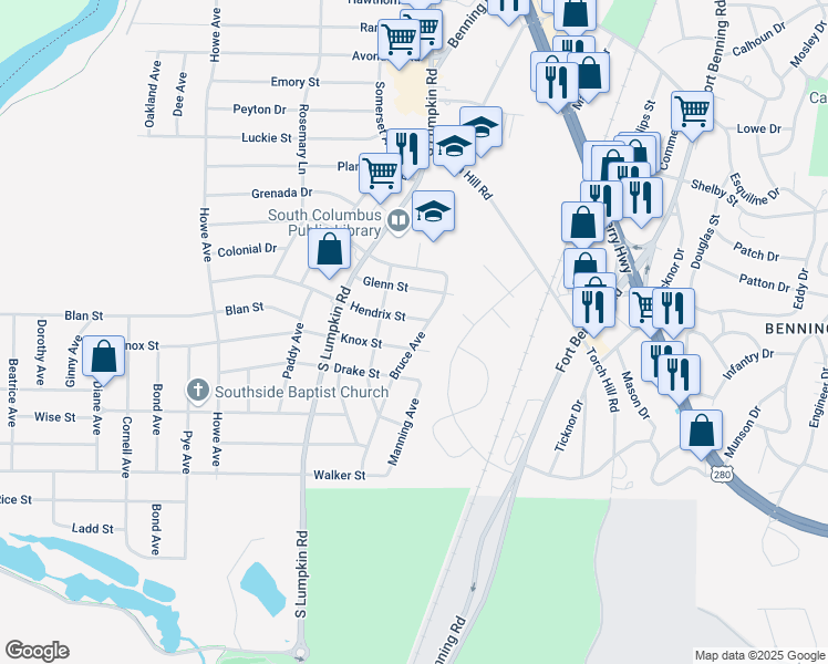 map of restaurants, bars, coffee shops, grocery stores, and more near 2241 Bruce Avenue in Columbus