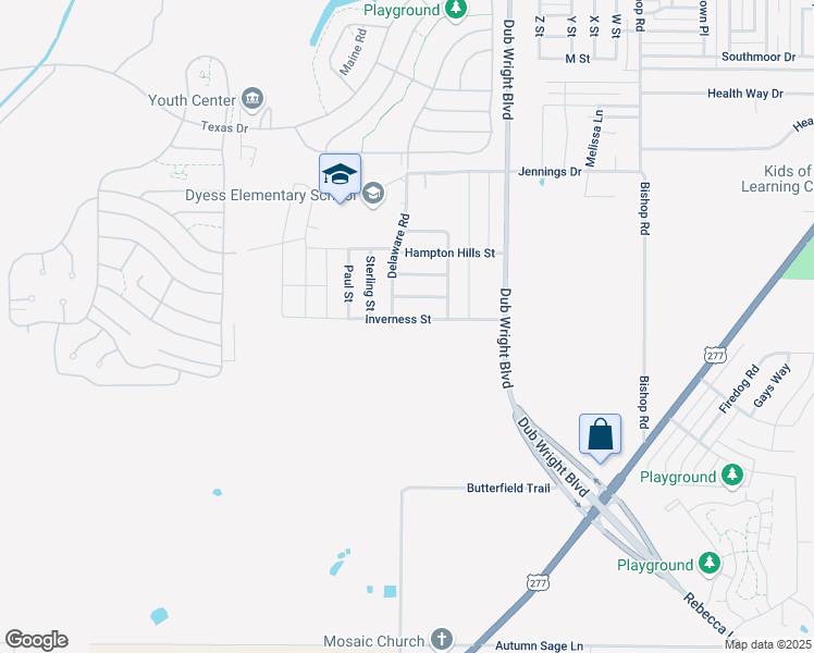 map of restaurants, bars, coffee shops, grocery stores, and more near 6657 Inverness Street in Abilene
