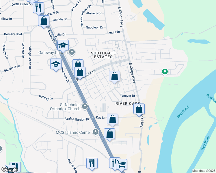 map of restaurants, bars, coffee shops, grocery stores, and more near 10002 Carlsbad Drive in Shreveport