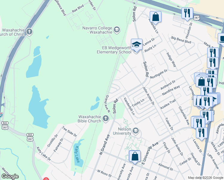 map of restaurants, bars, coffee shops, grocery stores, and more near 1002 North Grand Avenue in Waxahachie