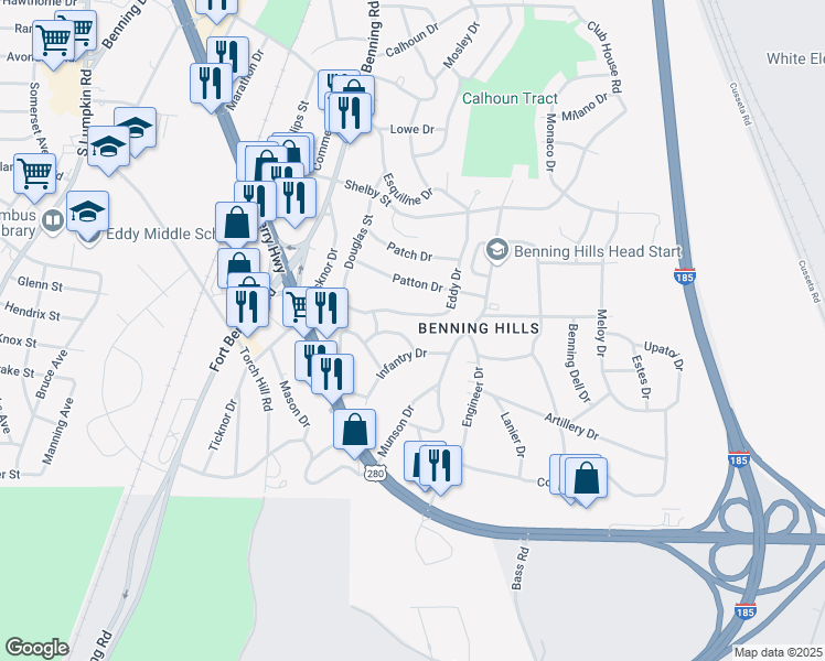 map of restaurants, bars, coffee shops, grocery stores, and more near 16 Stuart Drive in Columbus